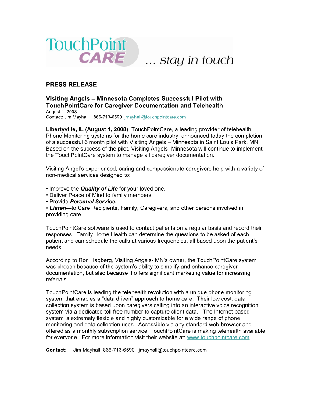 Visiting Angels Minnesota Completes Successful Pilot with Touchpointcare for Caregiver