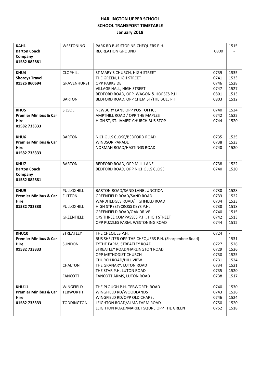 HARLINGTON UPPER SCHOOL SCHOOL TRANSPORT TIMETABLE January 2018