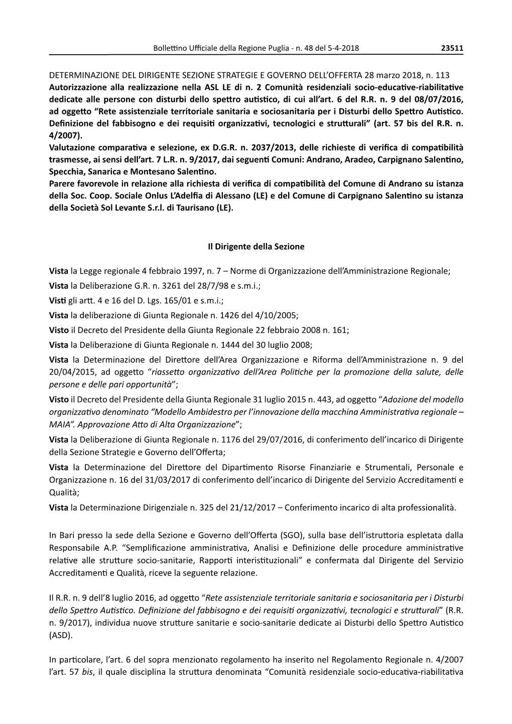 DETERMINAZIONE DEL DIRIGENTE SEZIONE STRATEGIE E GOVERNO DELL’OFFERTA 28 Marzo 2018, N