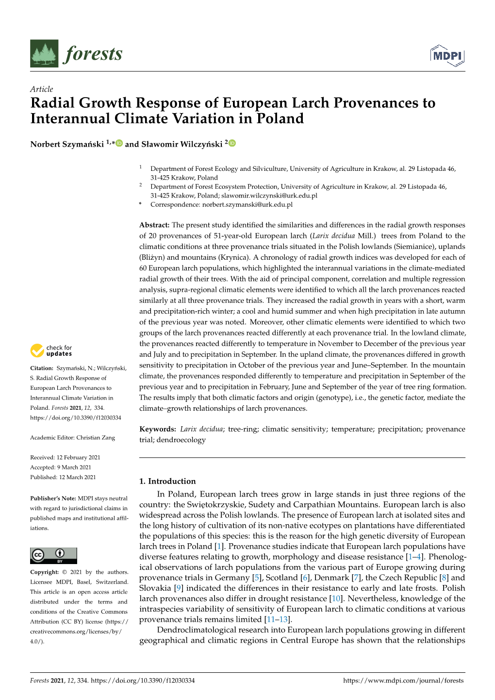 Radial Growth Response of European Larch Provenances to Interannual Climate Variation in Poland