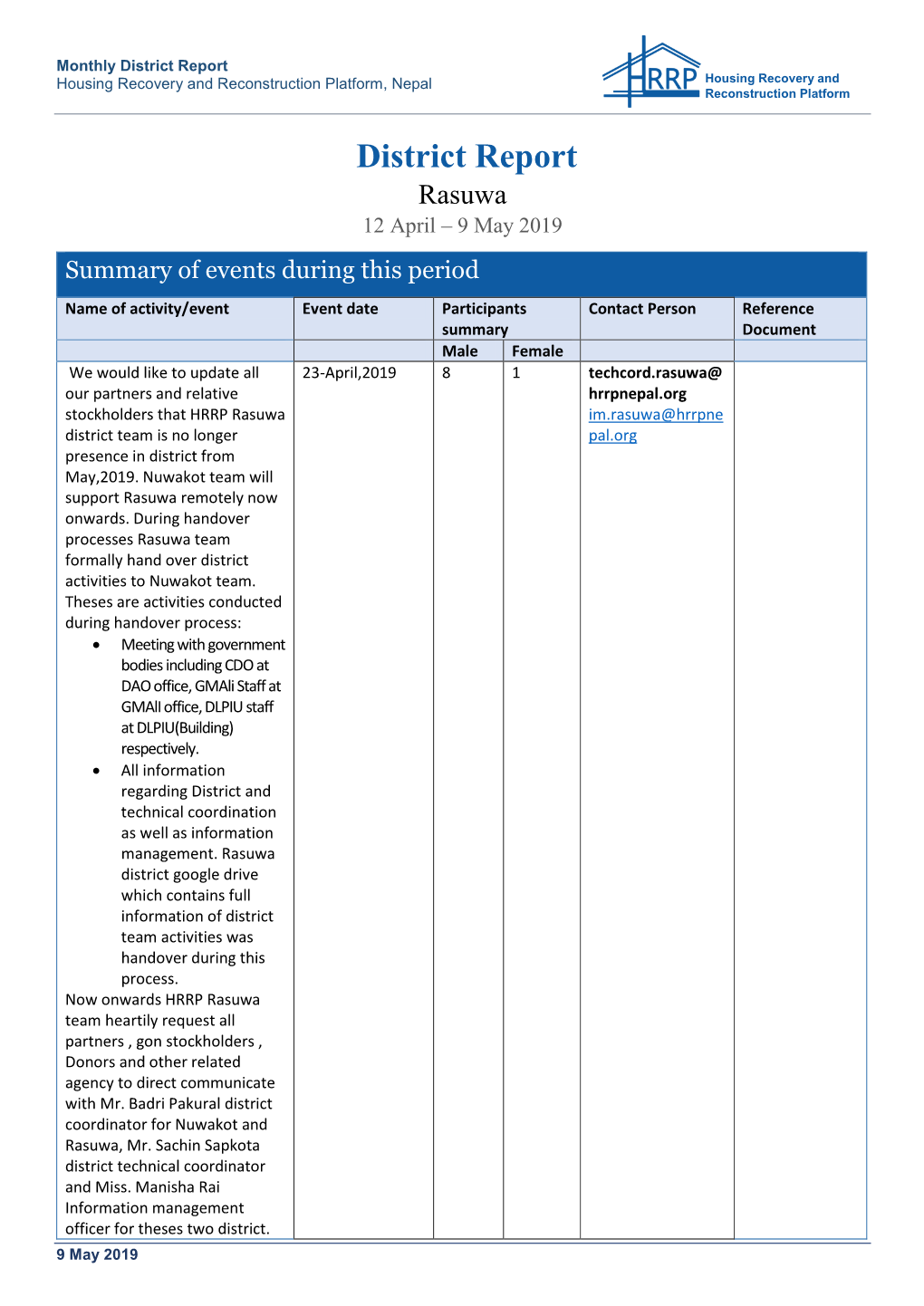 District Report Housing Recovery and Reconstruction Platform, Nepal Housing Recovery and Reconstruction Platform