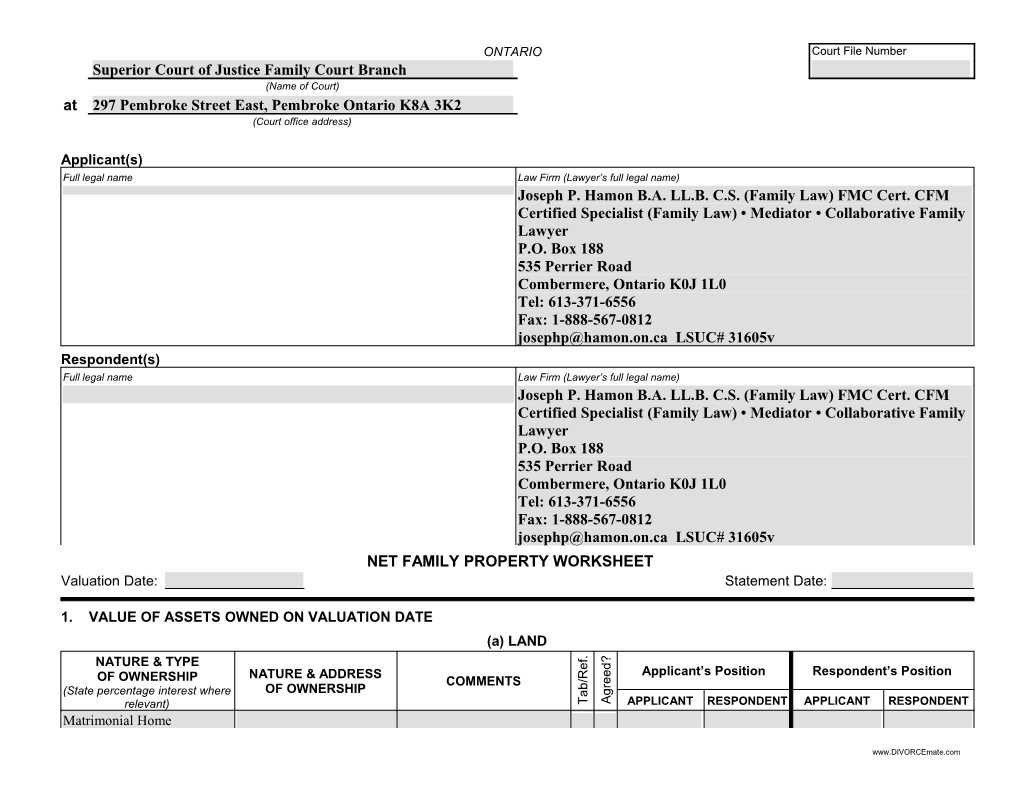 Net Family Property Worksheet