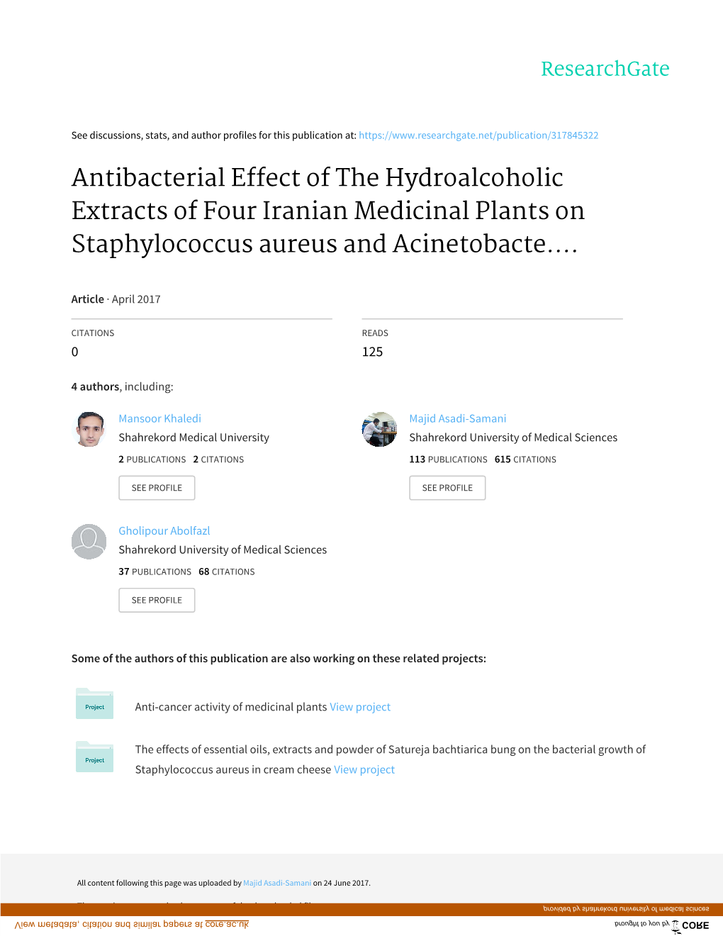 Antibacterial Effect of the Hydroalcoholic Extracts of Four Iranian Medicinal Plants on Staphylococcus Aureus and Acinetobacte