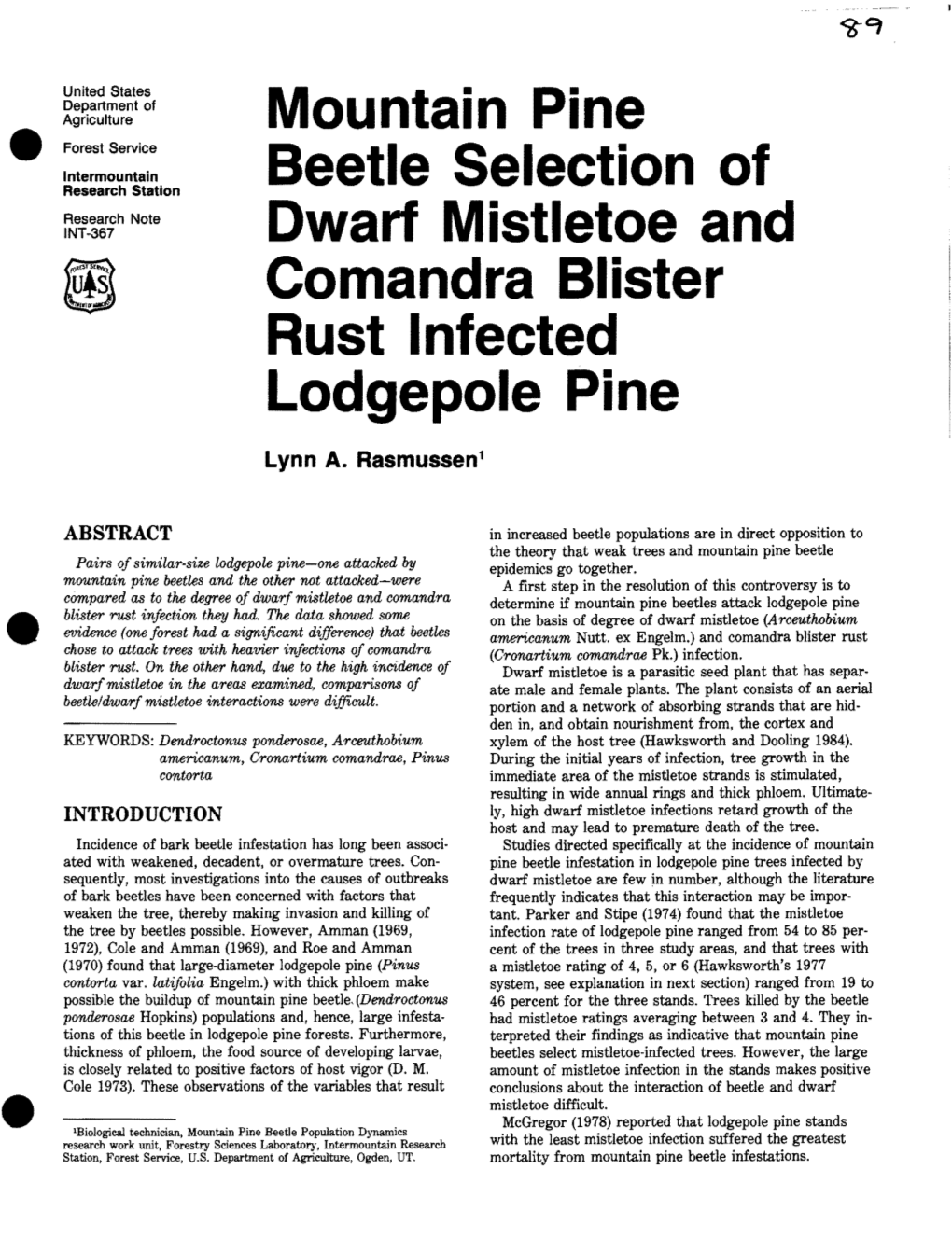 Mountain Pine Beetle Selection of Dwarf Mistletoe and Comandra