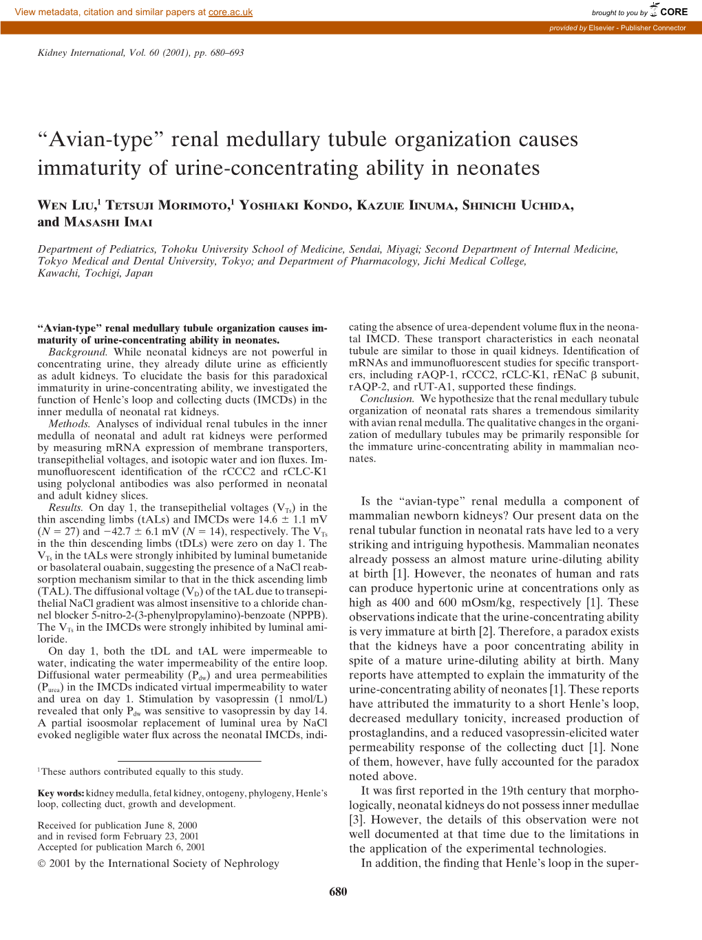 Renal Medullary Tubule Organization Causes Immaturity of Urine-Concentrating Ability in Neonates