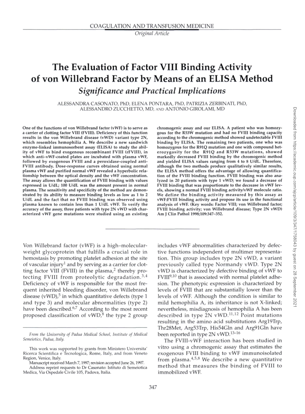 The Evaluation of Factor VIII Binding Activity of Von Willebrand Factor by Means of an ELISA Method Significance and Practical Implications