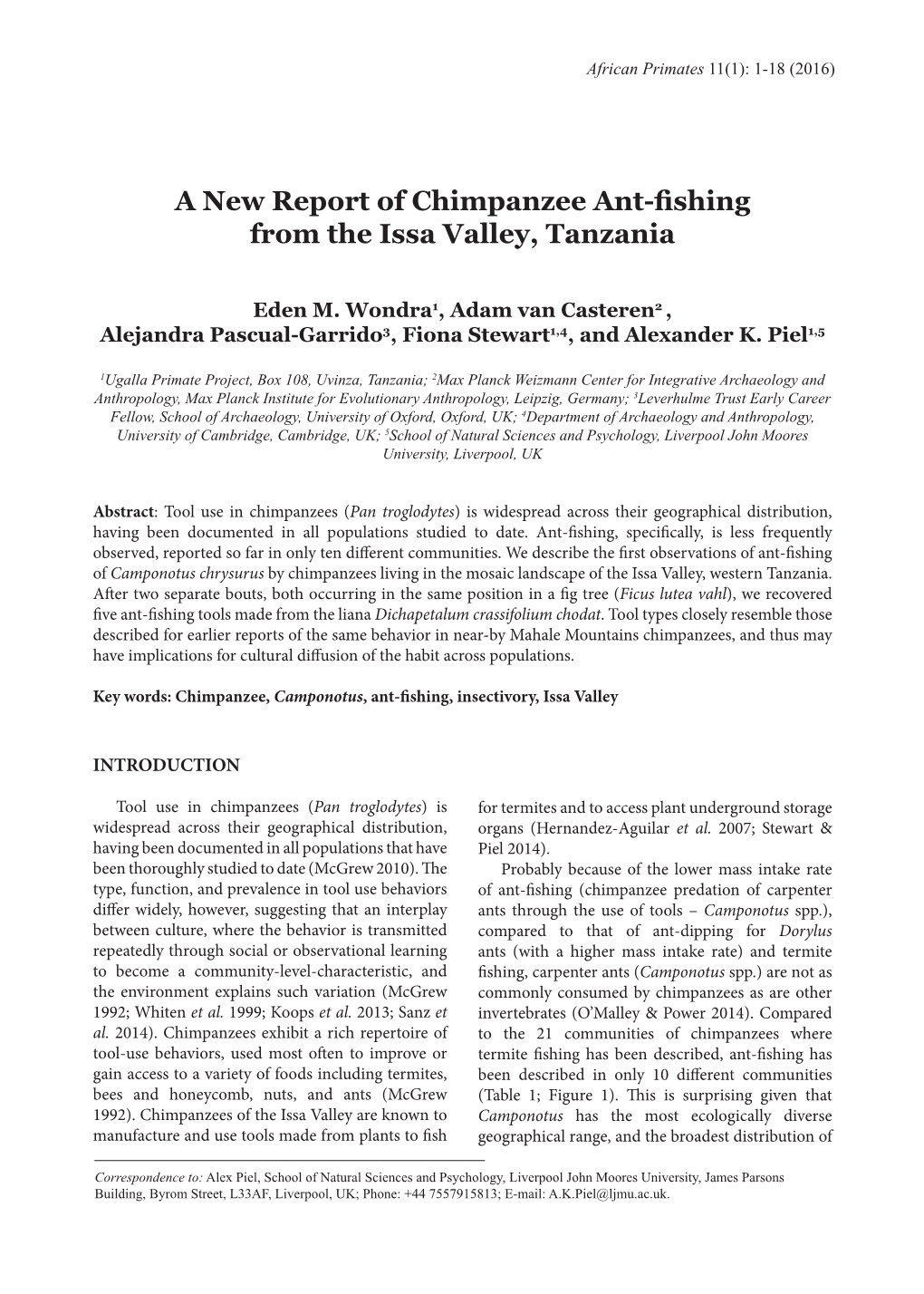 A New Report of Chimpanzee Ant-Fishing from the Issa Valley, Tanzania