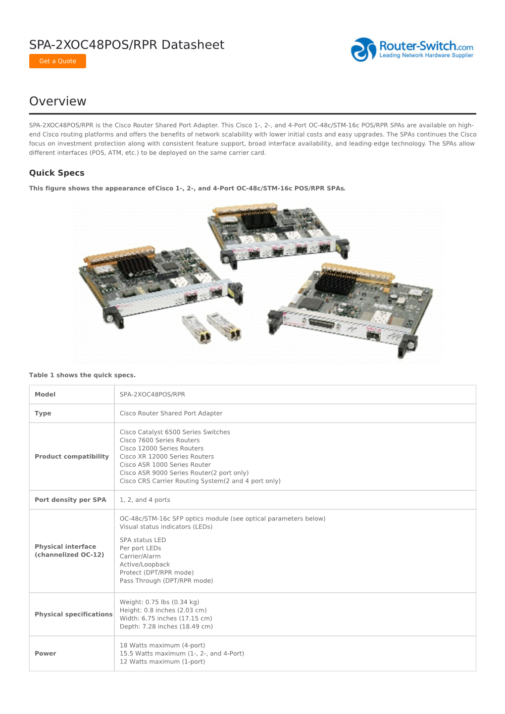 SPA-2XOC48POS/RPR Datasheet Overview