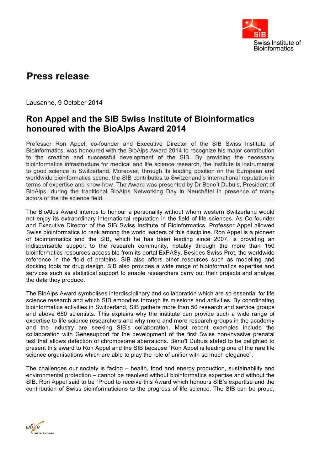 Ron Appel and the SIB Swiss Institute of Bioinformatics Honoured with the Bioalps Award 2014