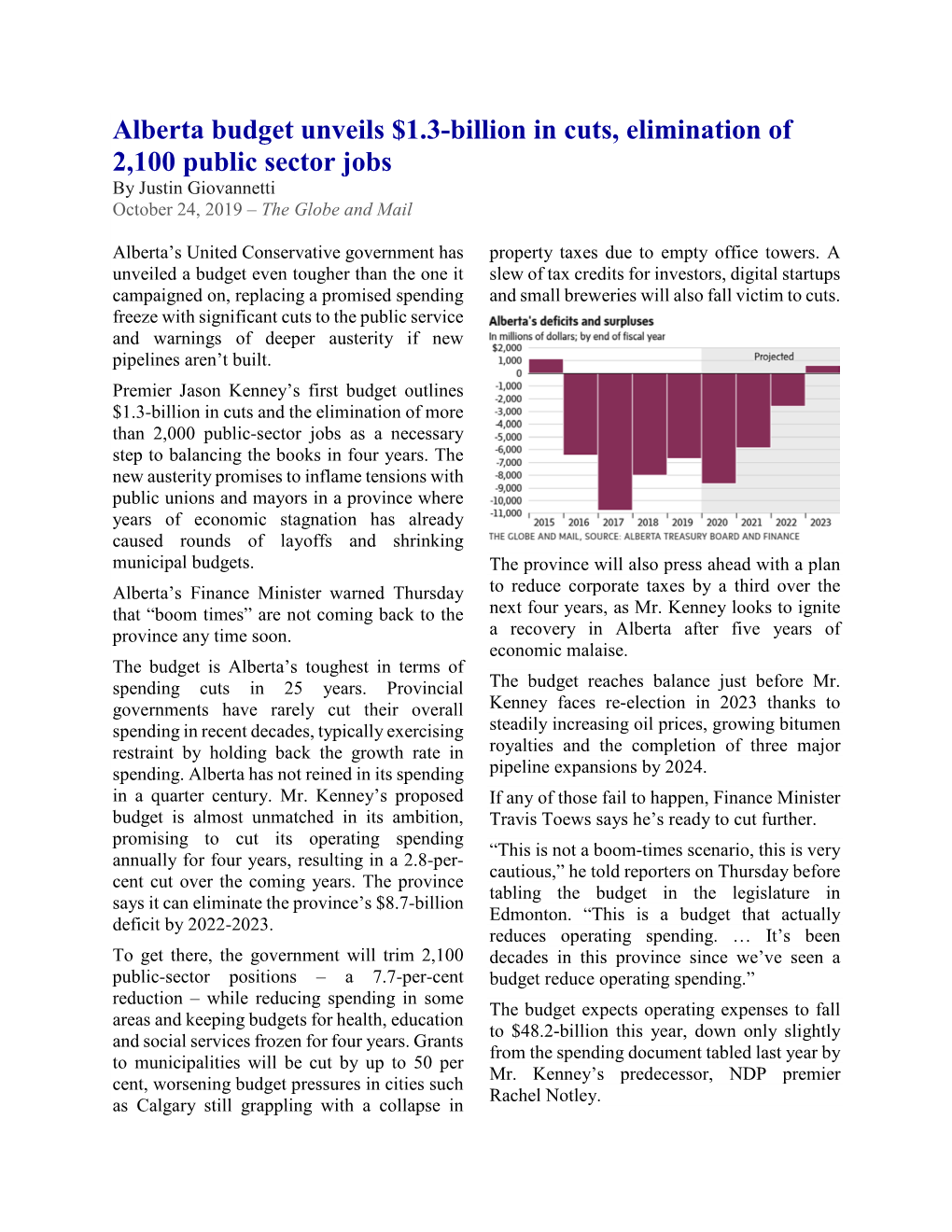 Alberta Budget Unveils $1.3-Billion in Cuts, Elimination of 2,100 Public Sector Jobs by Justin Giovannetti October 24, 2019 – the Globe and Mail