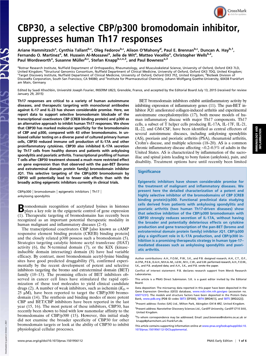 CBP30, a Selective CBP/P300 Bromodomain Inhibitor, Suppresses Human Th17 Responses