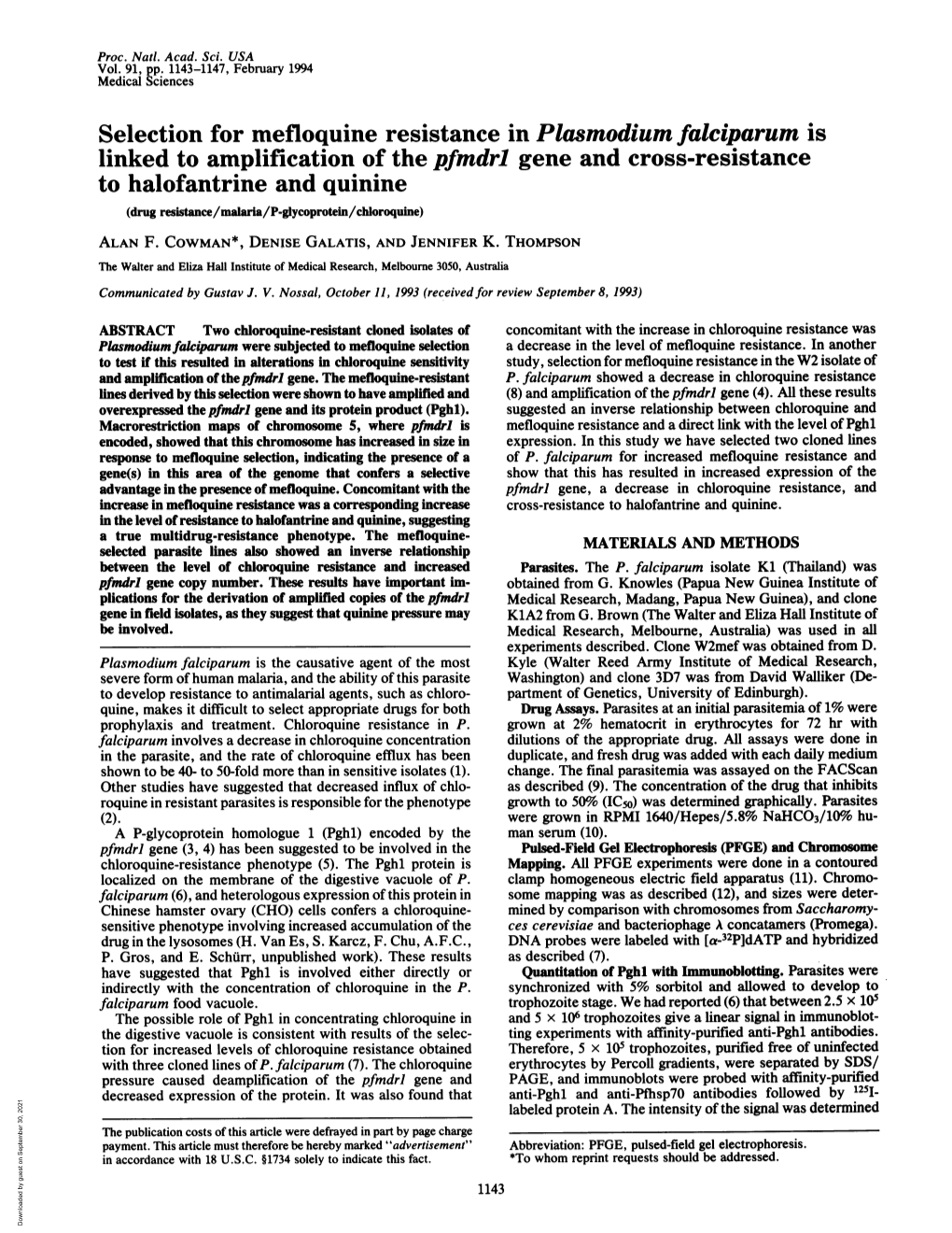 Selection for Mefloquine Resistance in Plasmodium Falciparum Is Linked To