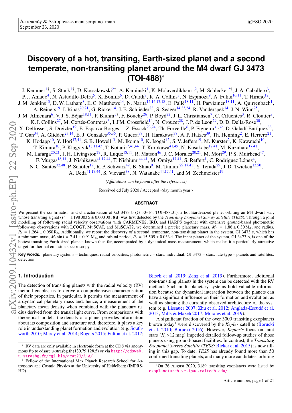 Discovery of a Hot, Transiting, Earth-Sized Planet and a Second Temperate, Non-Transiting Planet Around the M4 Dwarf GJ 3473 (TOI-488)∗ J