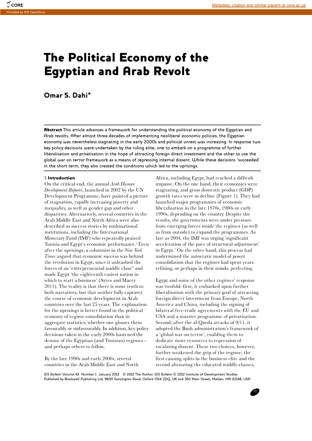 The Political Economy of the Egyptian and Arab Revolt