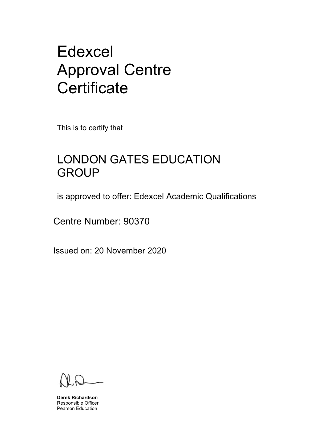 Edexcel Approval Centre Certificate