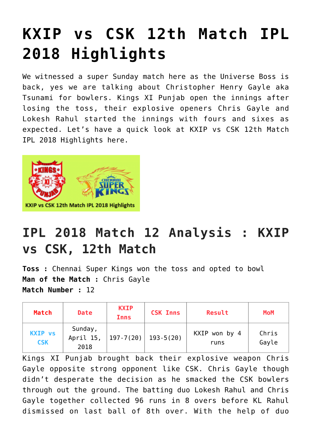 KXIP Vs CSK 12Th Match IPL 2018 Highlights