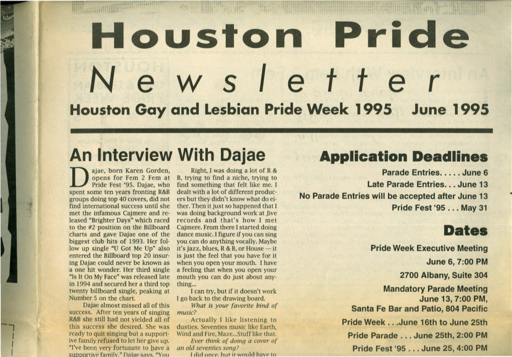 Houston Pride N E W S I E F ·F E R Houston Ga'y and Lesbian Pride Week 1995 June 1995