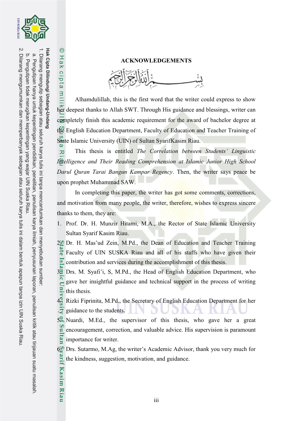 Iii ACKNOWLEDGEMENTS Alhamdulillah, This Is the First Word