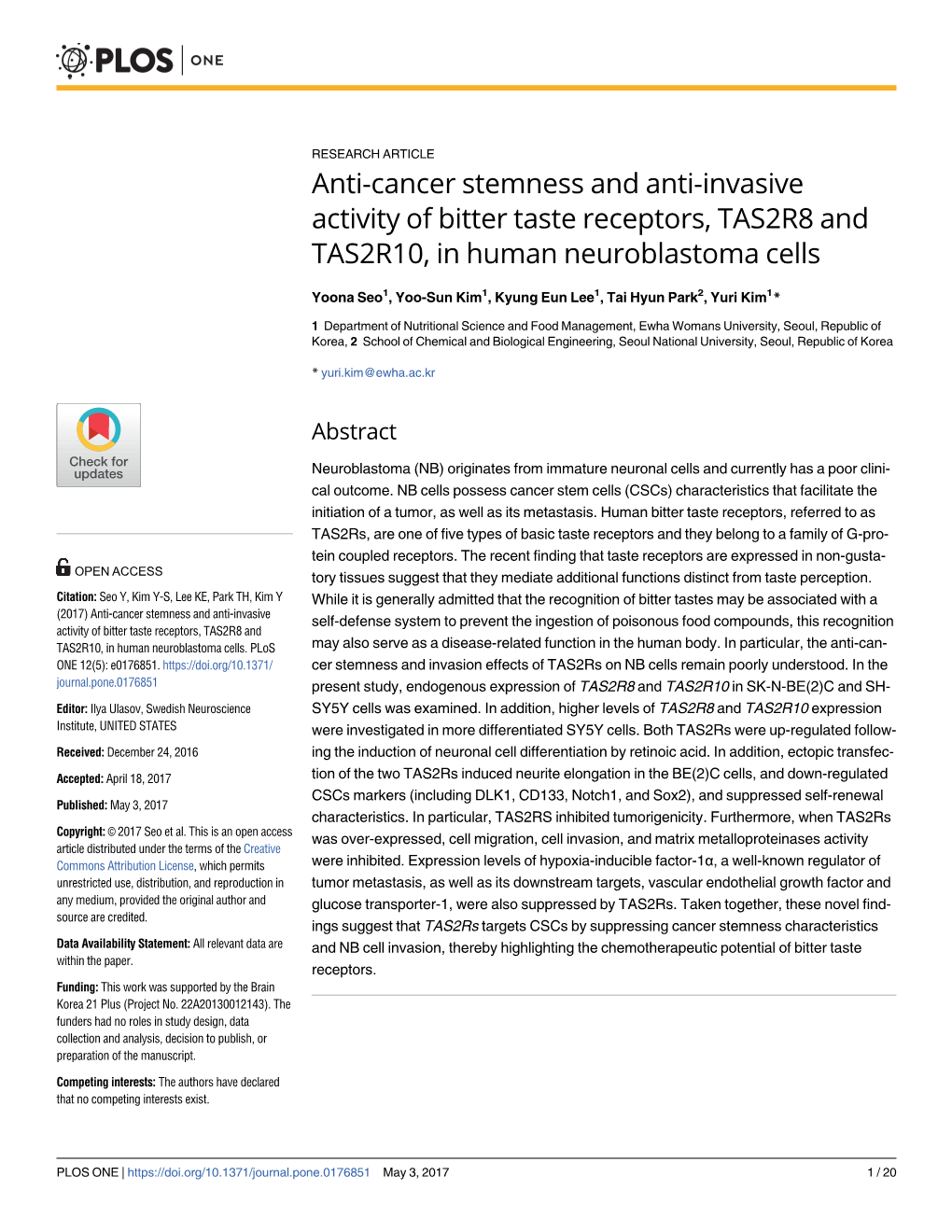 Anti-Cancer Stemness and Anti-Invasive Activity of Bitter Taste Receptors, TAS2R8 and TAS2R10, in Human Neuroblastoma Cells