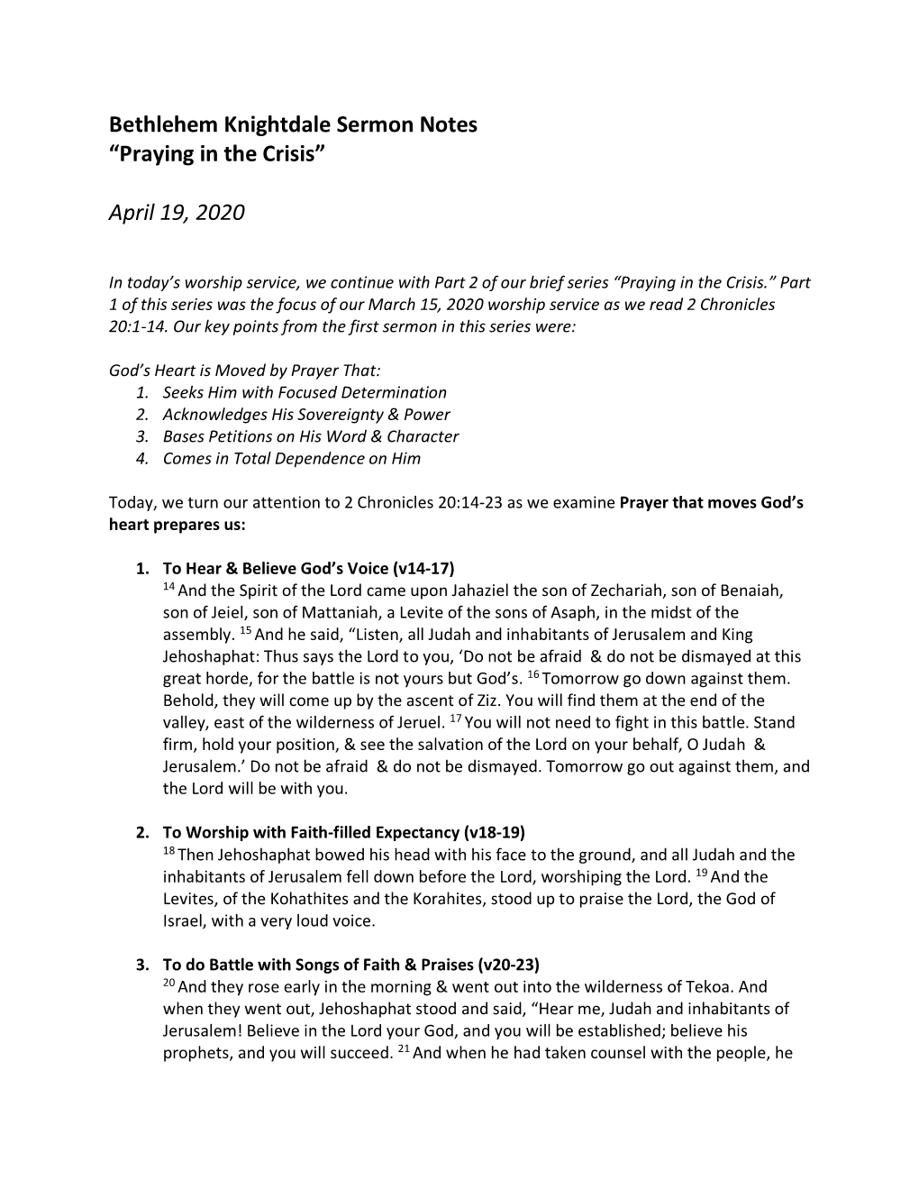 Bethlehem Knightdale Sermon Notes “Praying in the Crisis” April 19, 2020