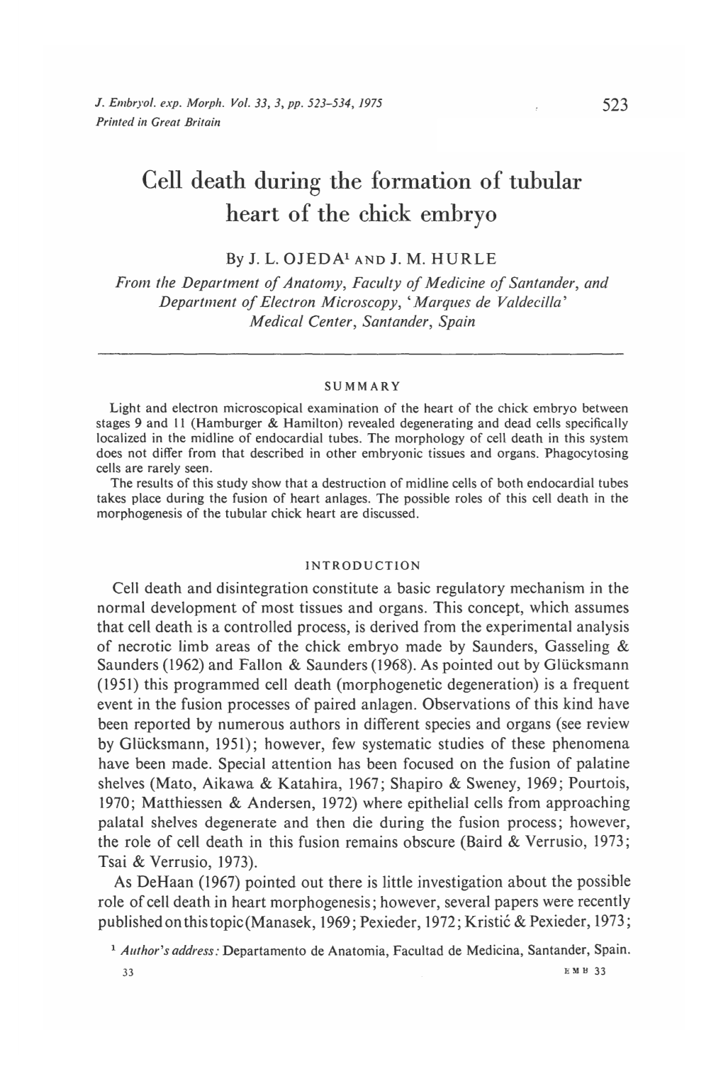 Cell Death During the Formation of Tubular Heart of the Chick Embryo