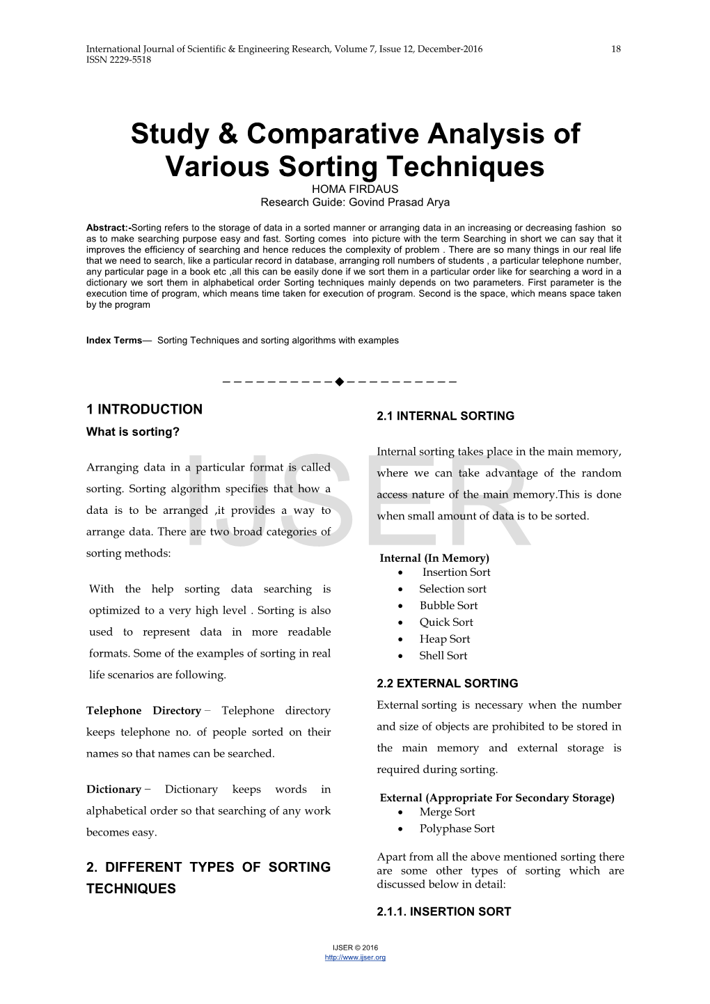 Study & Comparative Analysis of Various Sorting Techniques