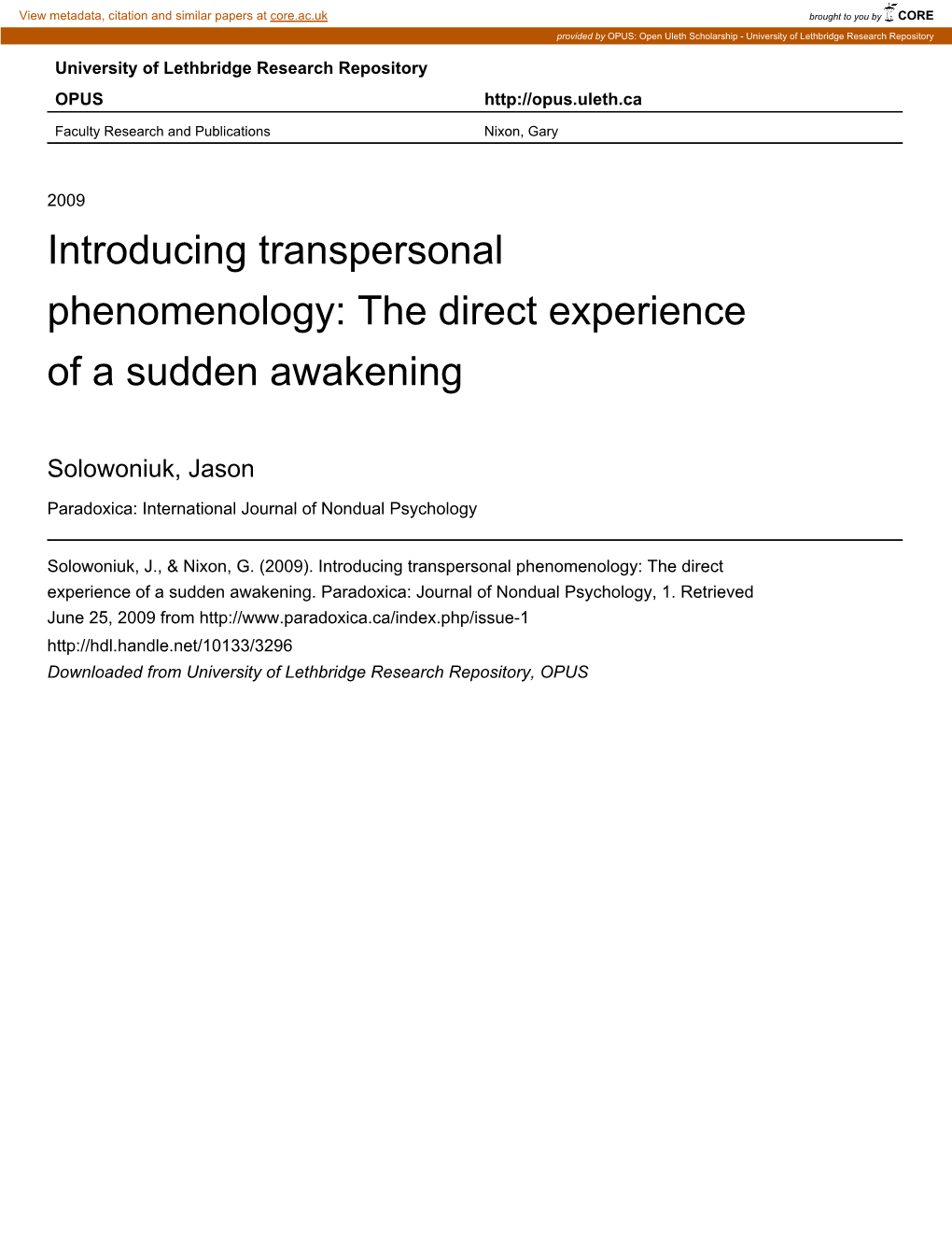 Introducing Transpersonal Phenomenology: the Direct Experience of a Sudden Awakening