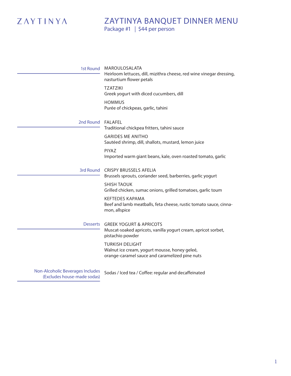 ZAYTINYA BANQUET DINNER MENU Package #1 | $44 Per Person