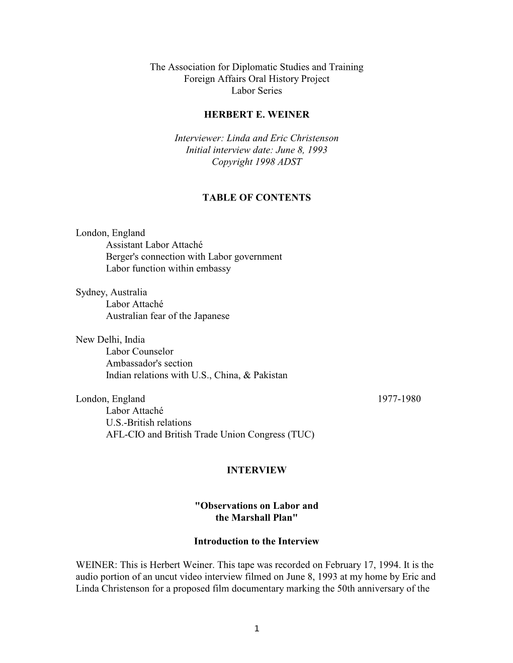 The Association for Diplomatic Studies and Training Foreign Affairs Oral History Project Labor Series