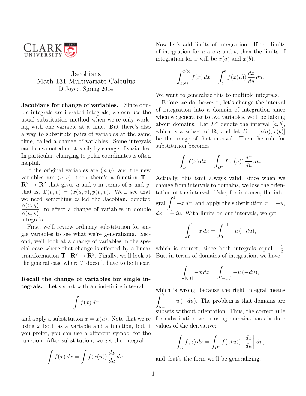 Jacobians Math 131 Multivariate Calculus