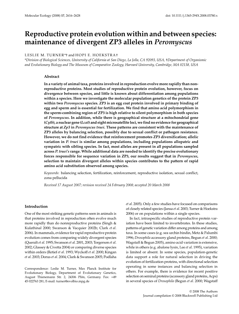 Reproductive Protein Evolution Within and Between Species: Maintenance of Divergent ZP3 Alleles in Peromyscus