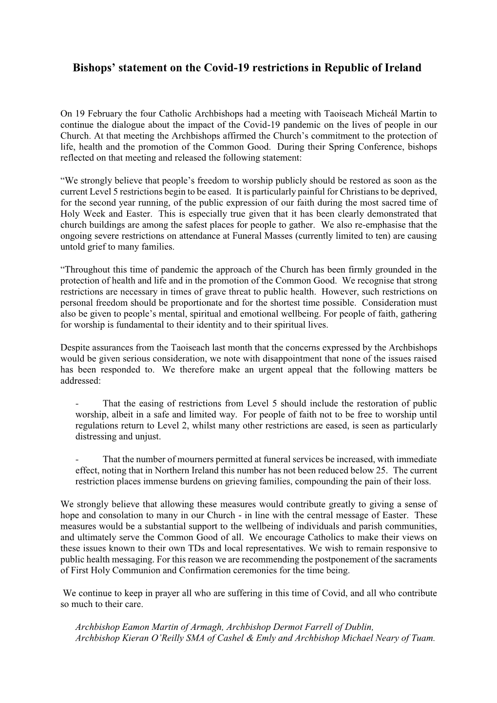 Bishops' Statement on the Covid-19 Restrictions in Republic of Ireland