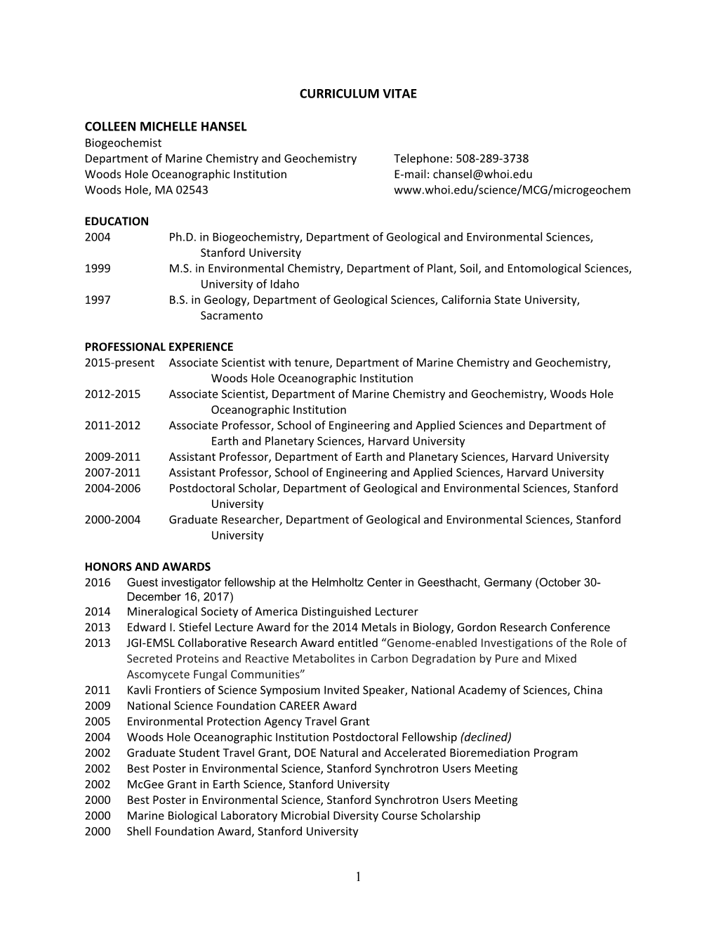 1 Curriculum Vitae Colleen Michelle Hansel