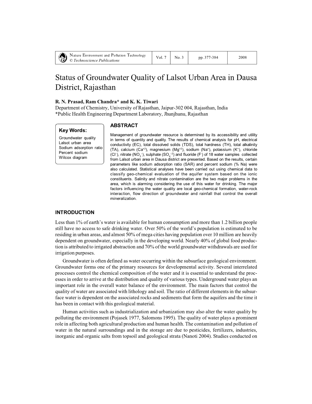 Status of Groundwater Quality of Lalsot Urban Area in Dausa District, Rajasthan