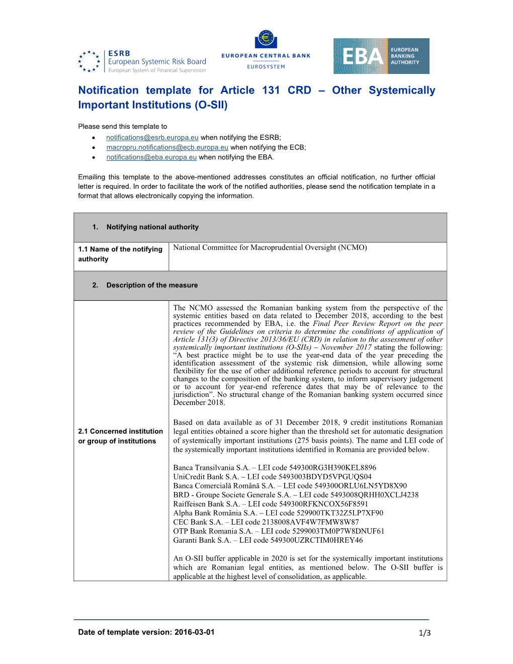 Notification by National Committee for Macroprudential Oversight Of