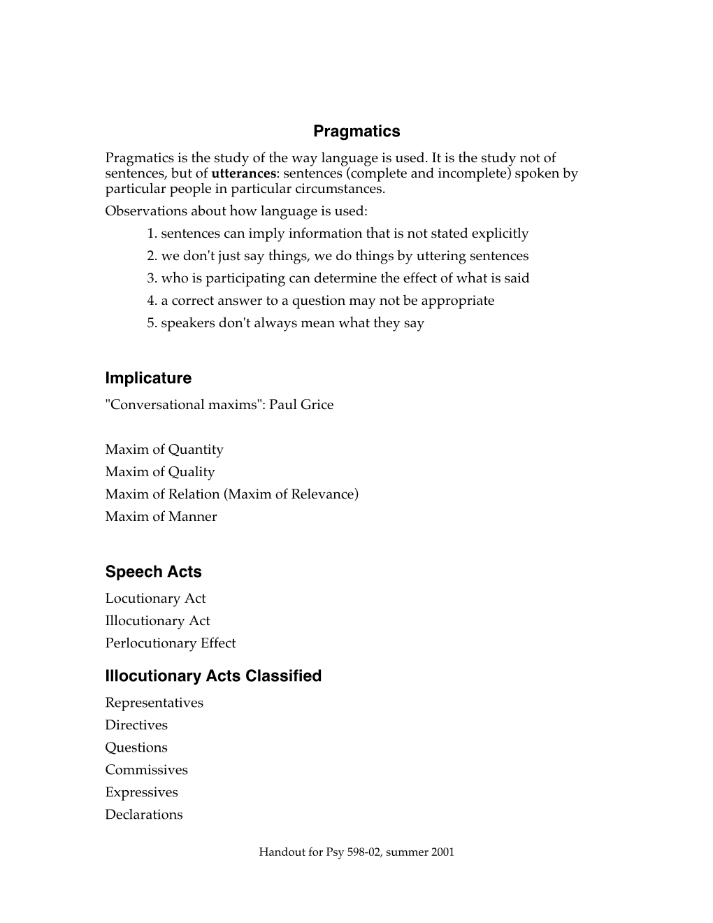 Pragmatics Implicature Speech Acts Illocutionary Acts Classified