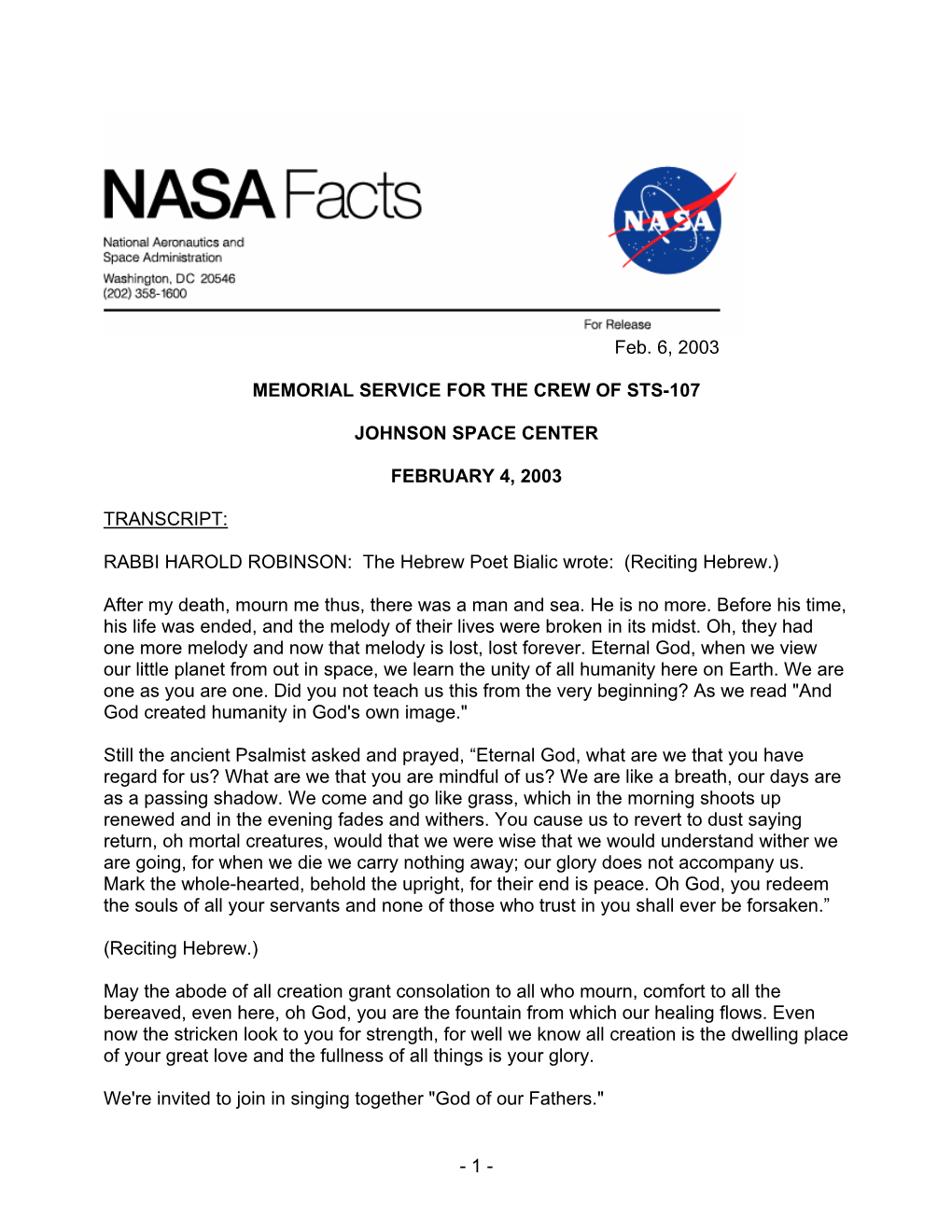 Memorial Service for the Crew of Sts-107