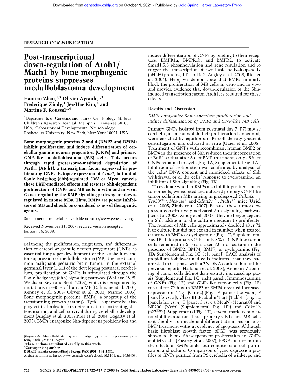 Post-Transcriptional Down-Regulation of Atoh1/ Math1 by Bone Morphogenic Proteins Suppresses Medulloblastoma Development