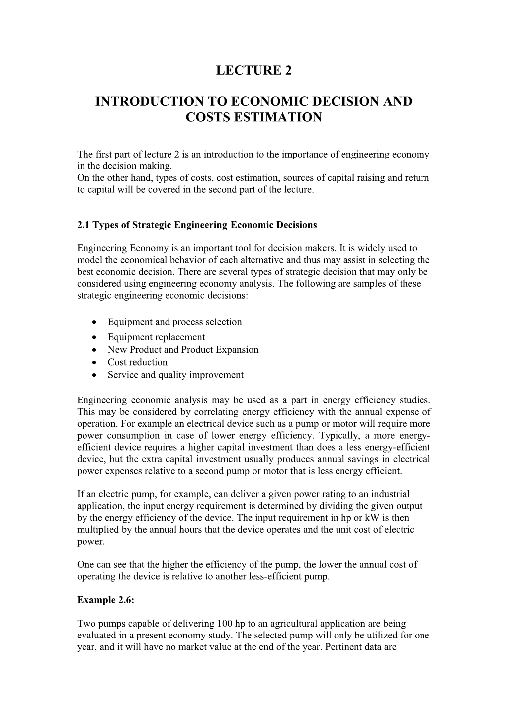 Introduction to Economic Decision and Costs Estimation