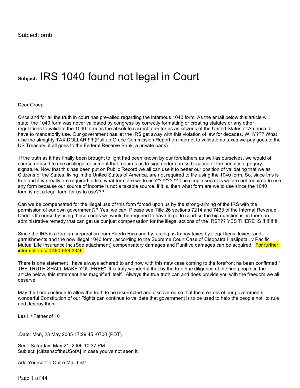 Subject IRS 1040 Found Not Legal in Court