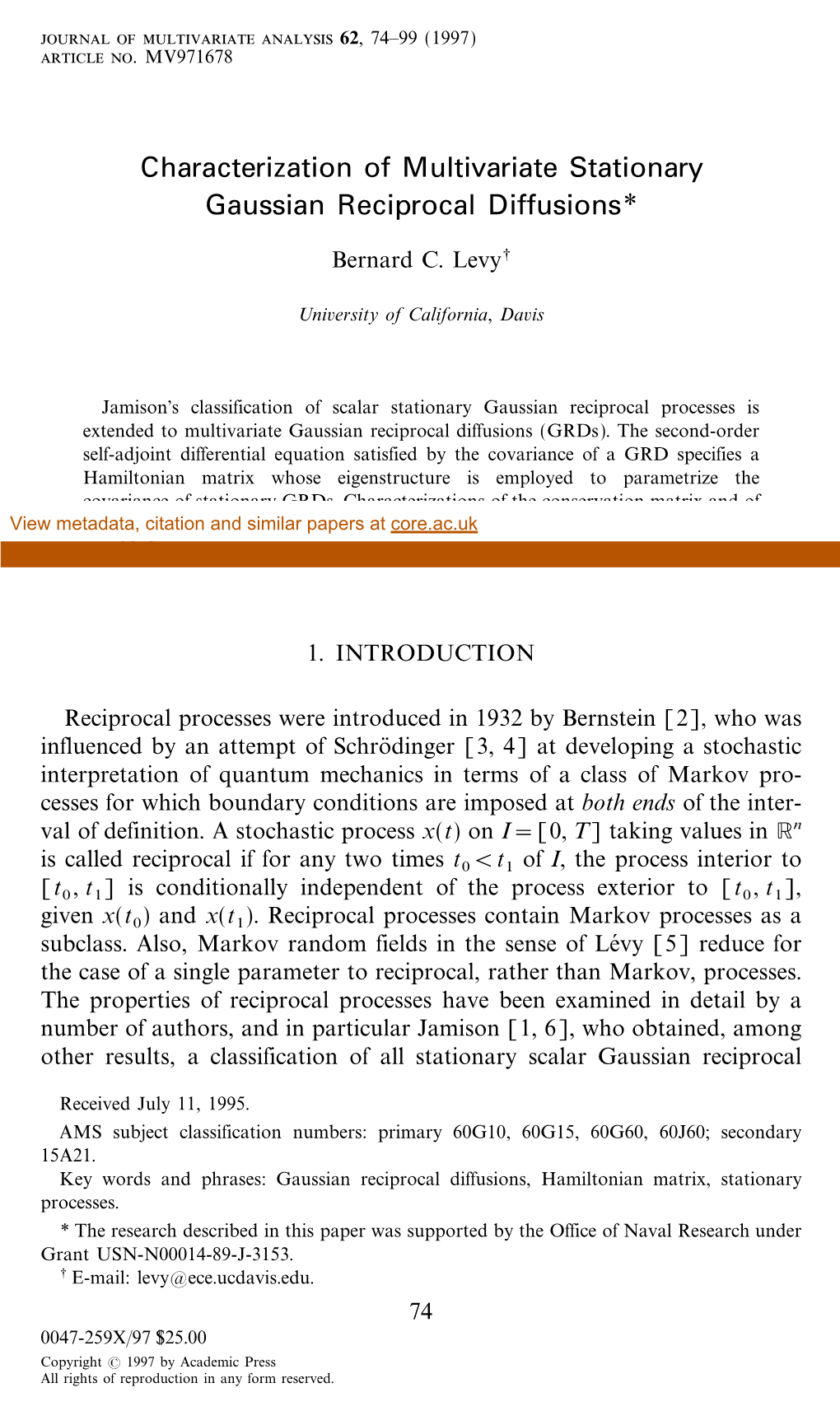 Characterization of Multivariate Stationary Gaussian Reciprocal Diffusions*