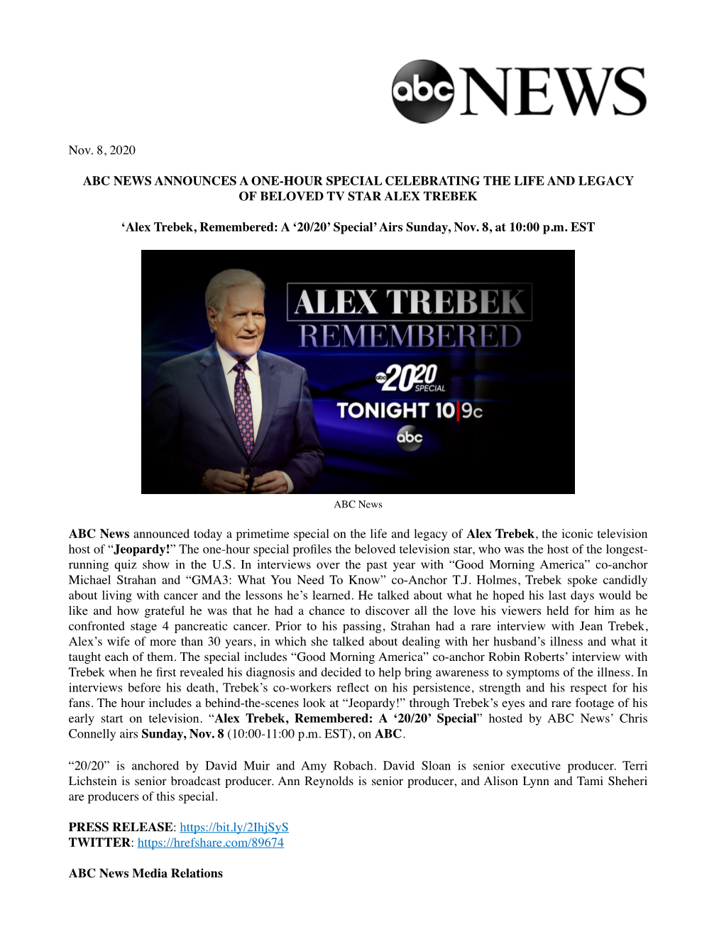 ABC News Alex Trebek, Remembered 11.08.20 2