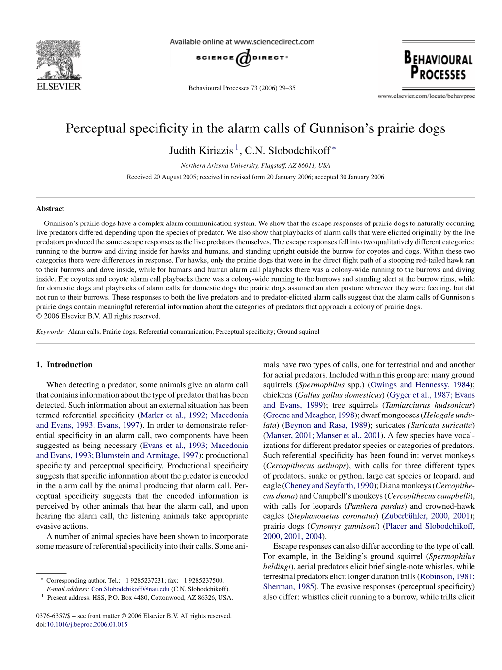 Perceptual Specificity in the Alarm Calls of Gunnison's Prairie Dogs