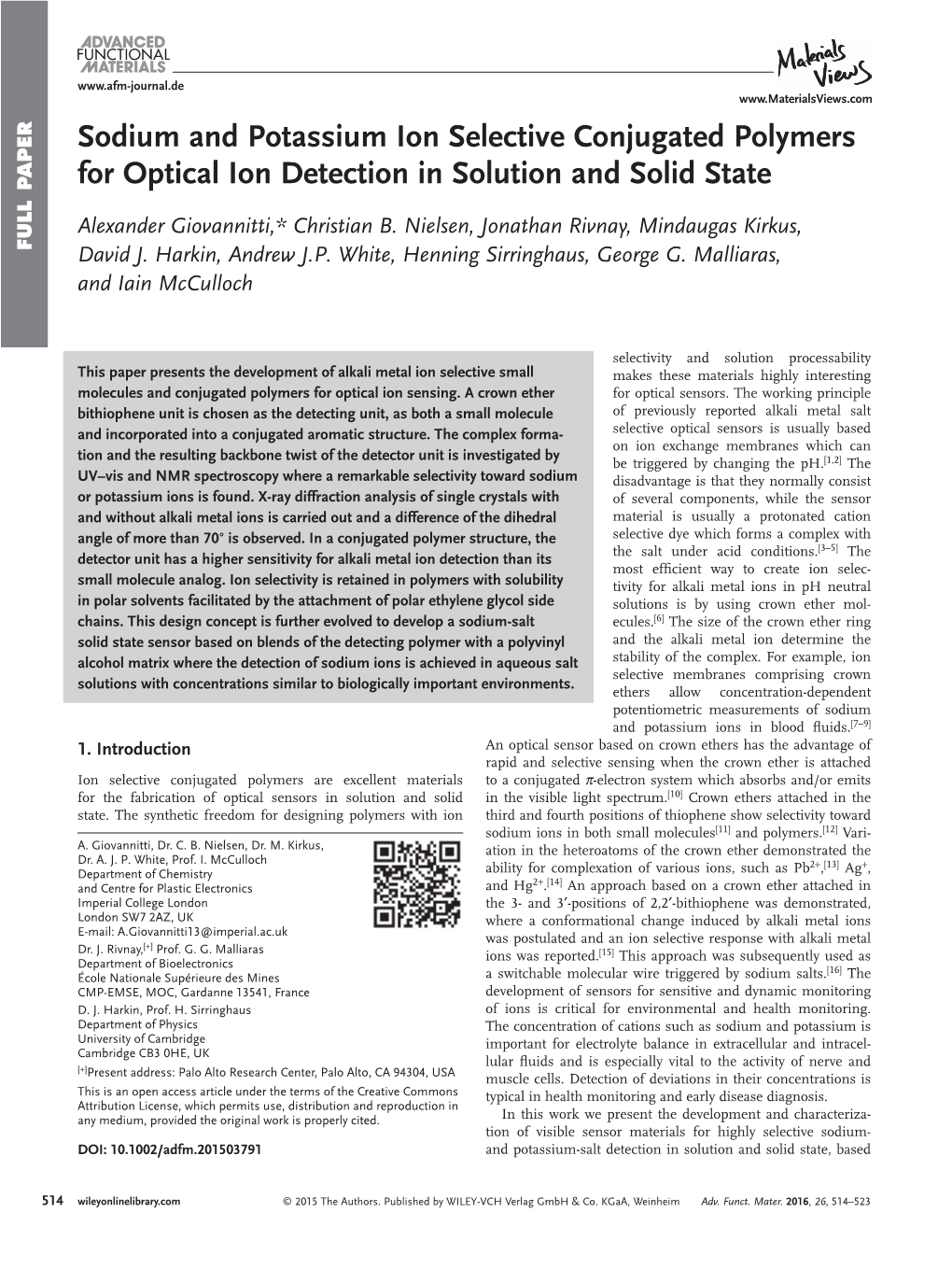 Sodium and Potassium Ion Selective Conjugated Polymers for Optical Ion Detection in Solution and Solid State