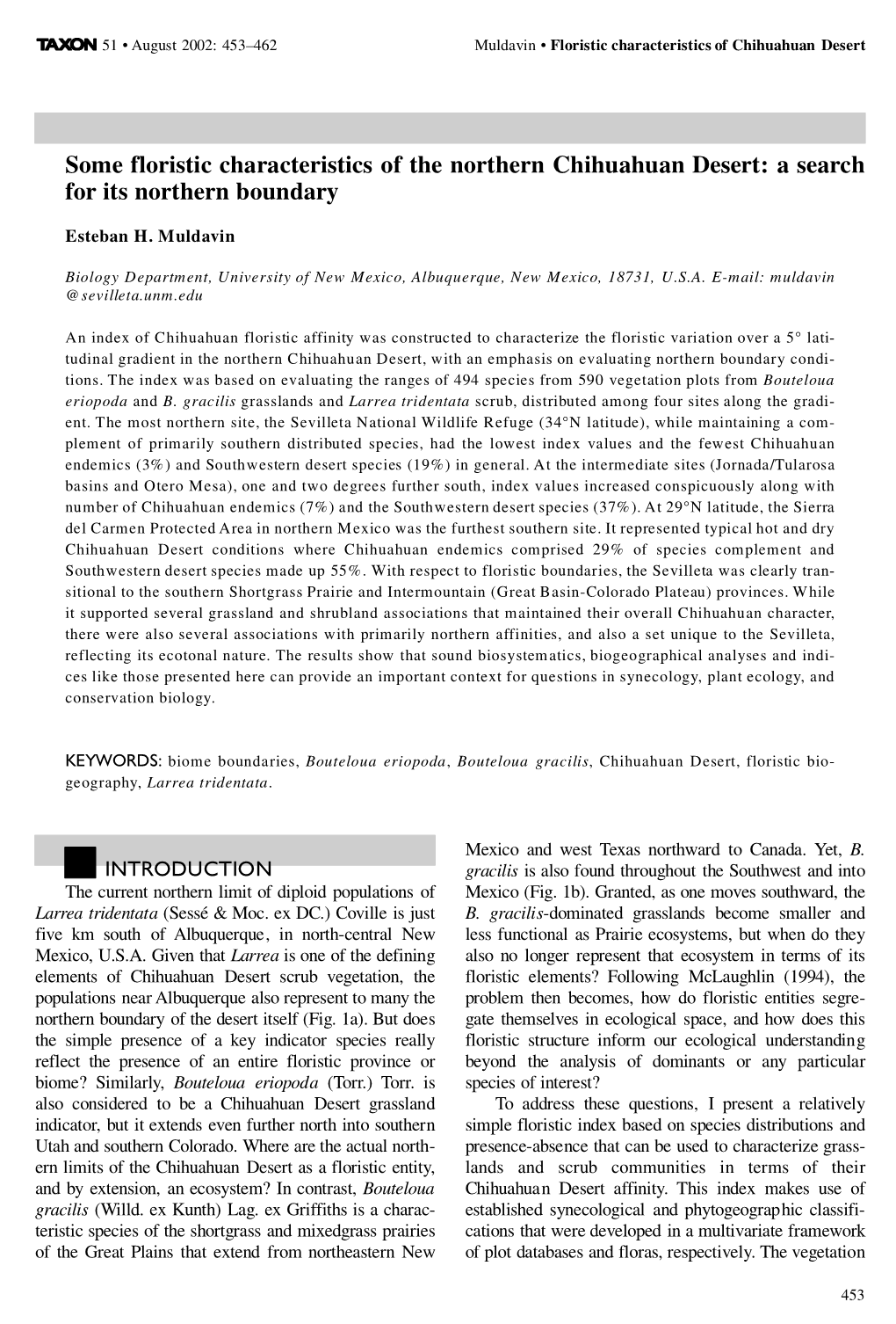 Some Floristic Characteristics of the Northern Chihuahuan Desert: a Search for Its Northern Boundary