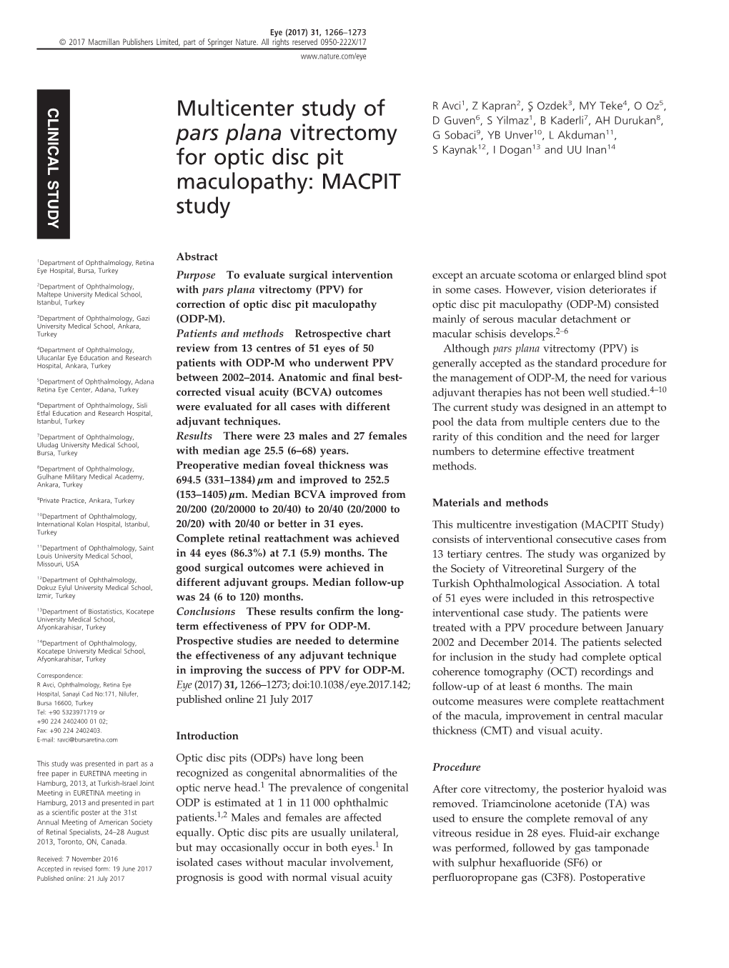 Multicenter Study of Pars Plana Vitrectomy for Optic Disc Pit