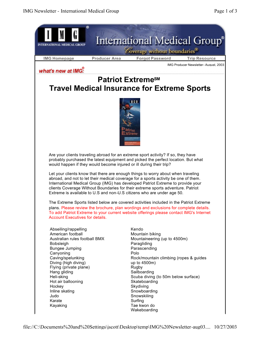 Patriot Extremesm Travel Medical Insurance for Extreme Sports