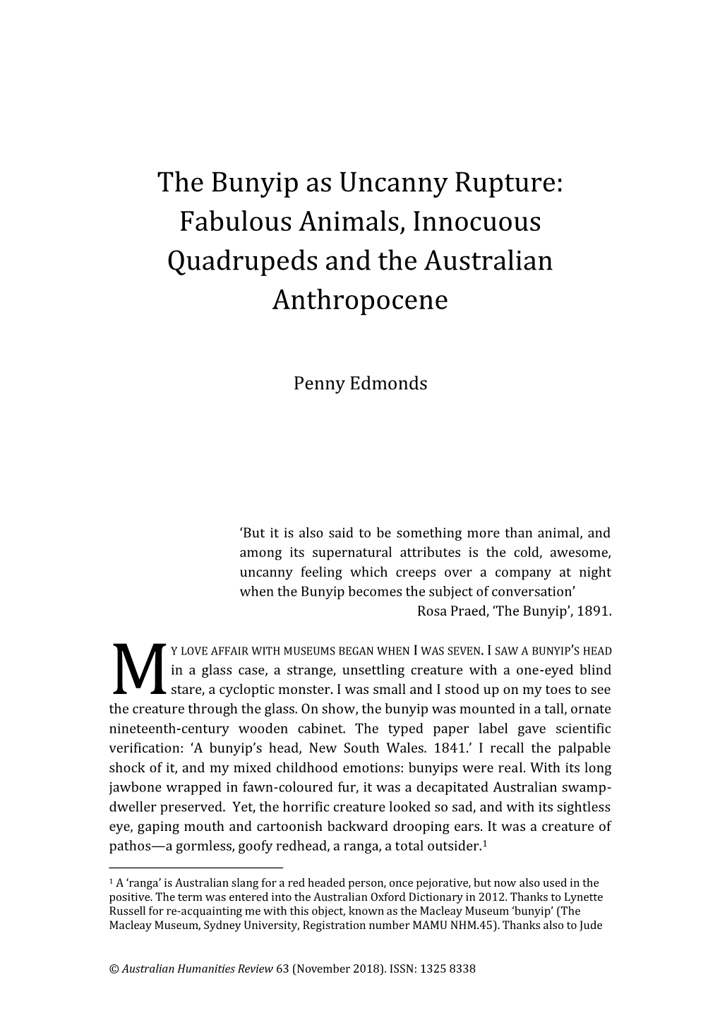 The Bunyip As Uncanny Rupture: Fabulous Animals, Innocuous Quadrupeds and the Australian Anthropocene