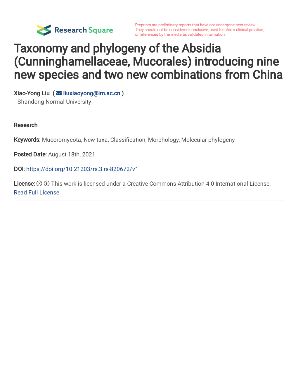 Taxonomy and Phylogeny of the Absidia (Cunninghamellaceae, Mucorales) Introducing Nine New Species and Two New Combinations from China