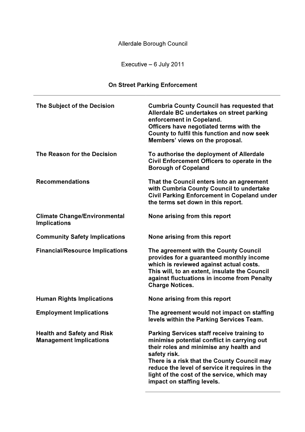 6 July 2011 on Street Parking Enforcement the Subject of the Decision Cumbria County